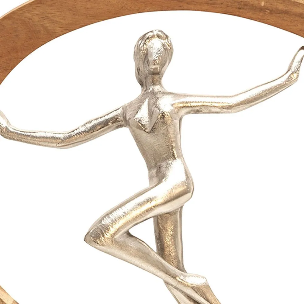 14 Inch Gymnast Sculpture, Natural Brown Half Moon Wood Frame, Silver Metal By Casagear Home