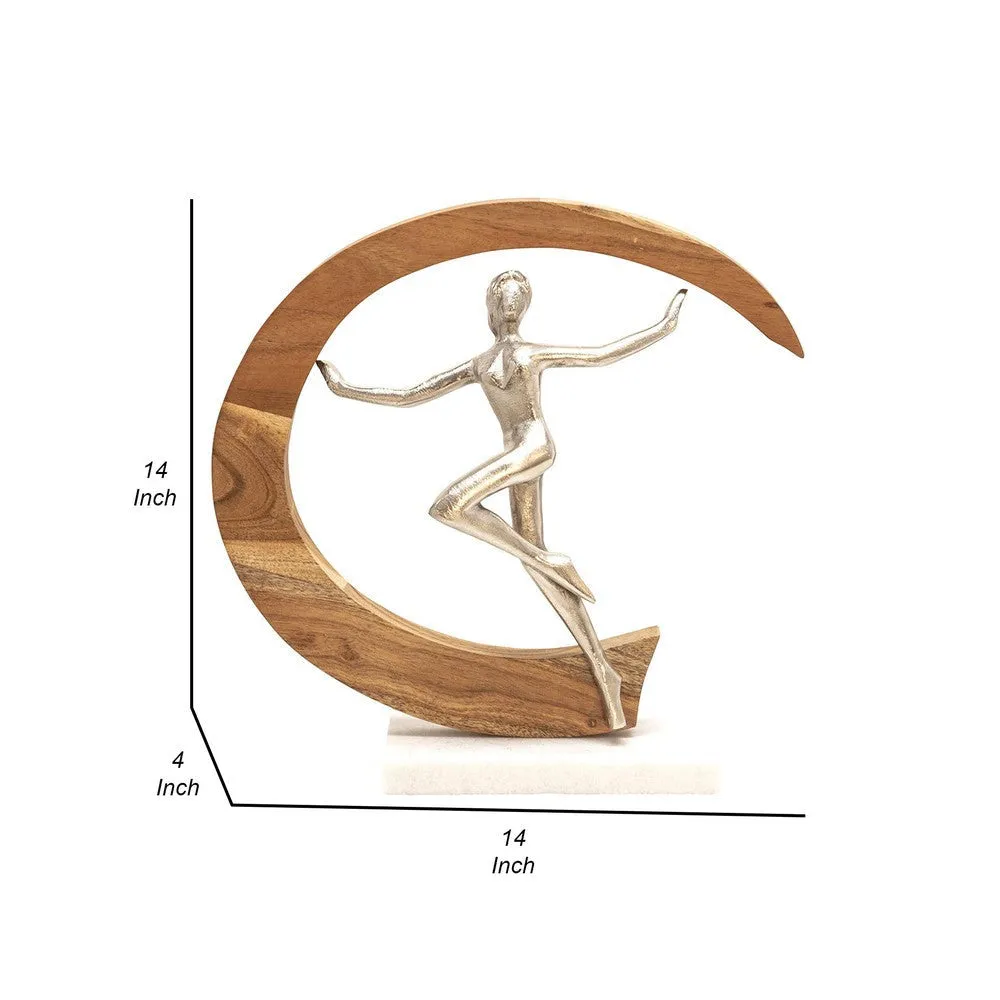 14 Inch Gymnast Sculpture, Natural Brown Half Moon Wood Frame, Silver Metal By Casagear Home