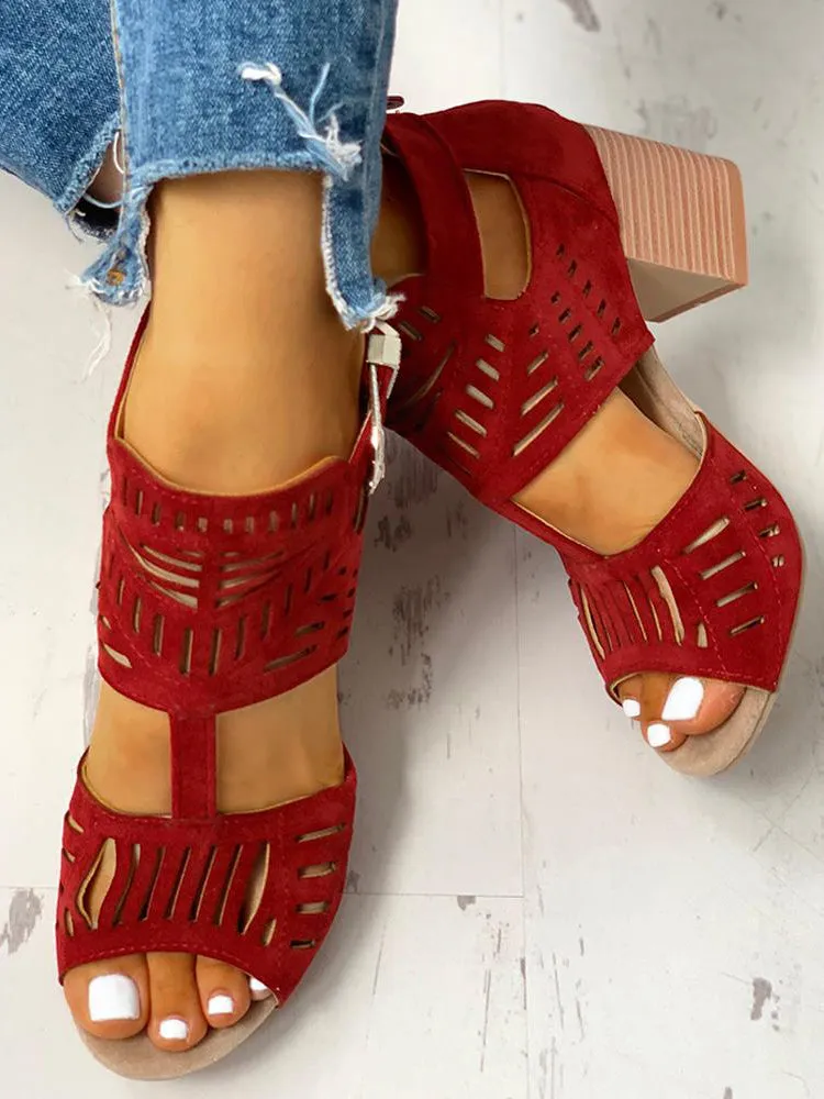 Amozae-Hollow Out Chunky Heel Sandals