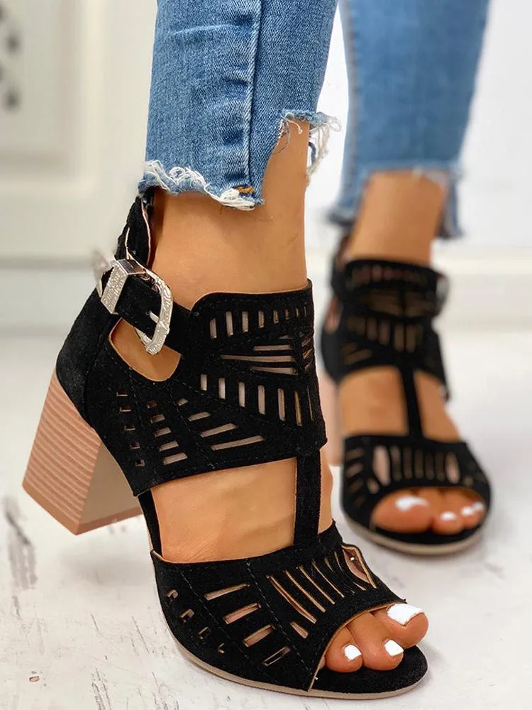 Amozae-Hollow Out Chunky Heel Sandals