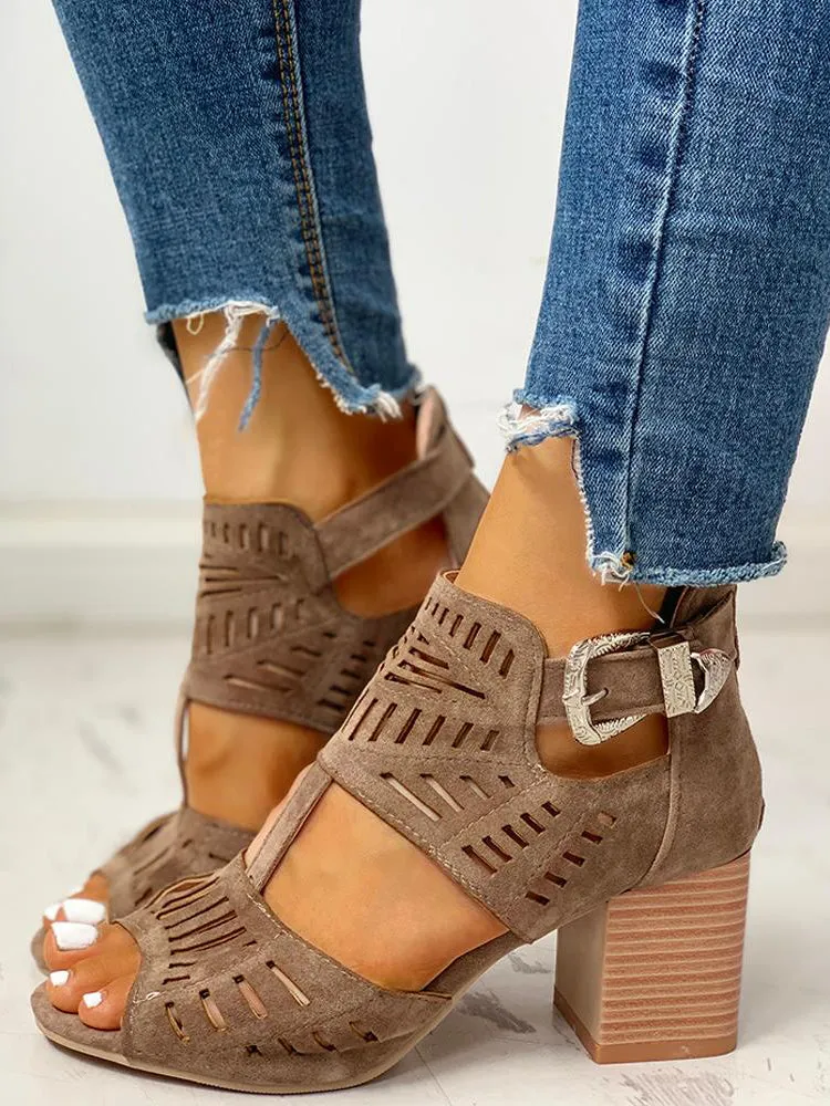 Amozae-Hollow Out Chunky Heel Sandals