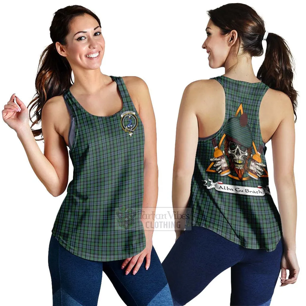 Arbuthnot Tartan Women's Racerback Tanks with Family Crest and Bearded Skull Holding Bottles of Whiskey