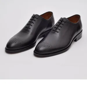 Ariston Mens Solid Black Whole Cut Oxford Leather Dress Shoes