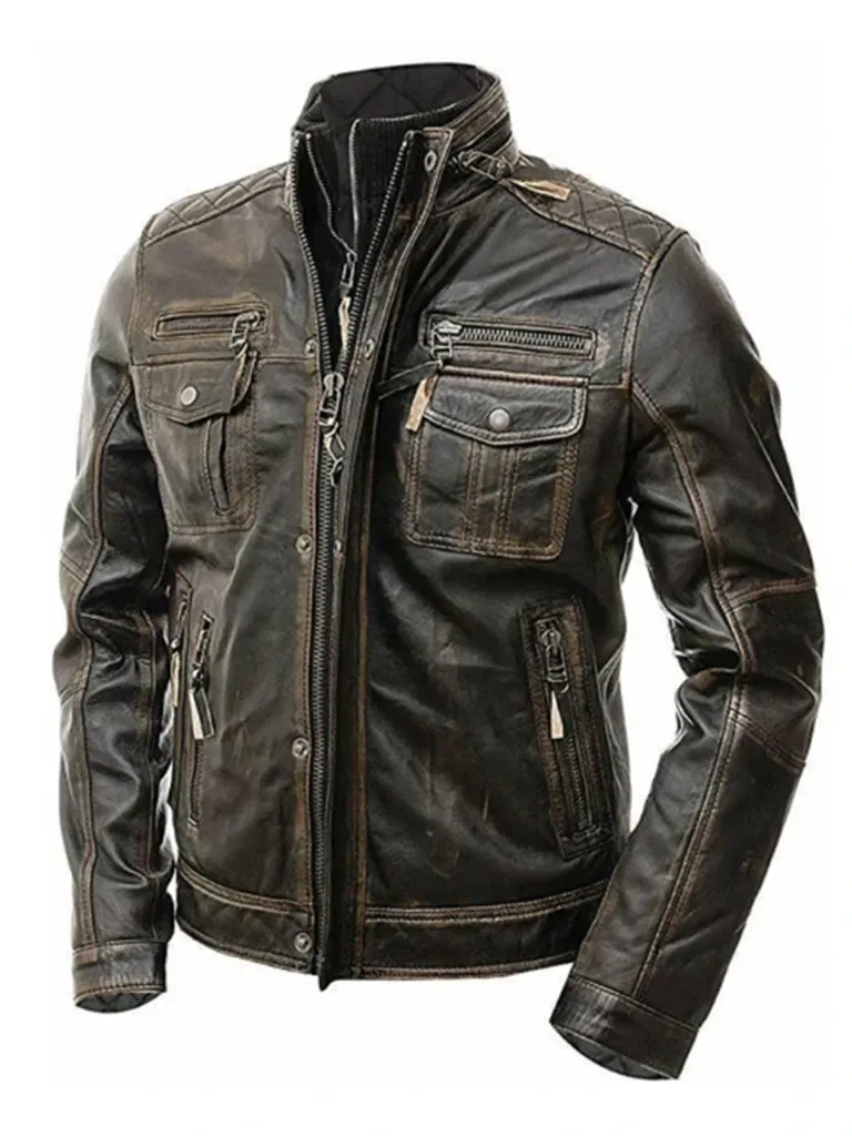 Biker Vintage Motorcycle Distressed Retro Rider Leather Jacket