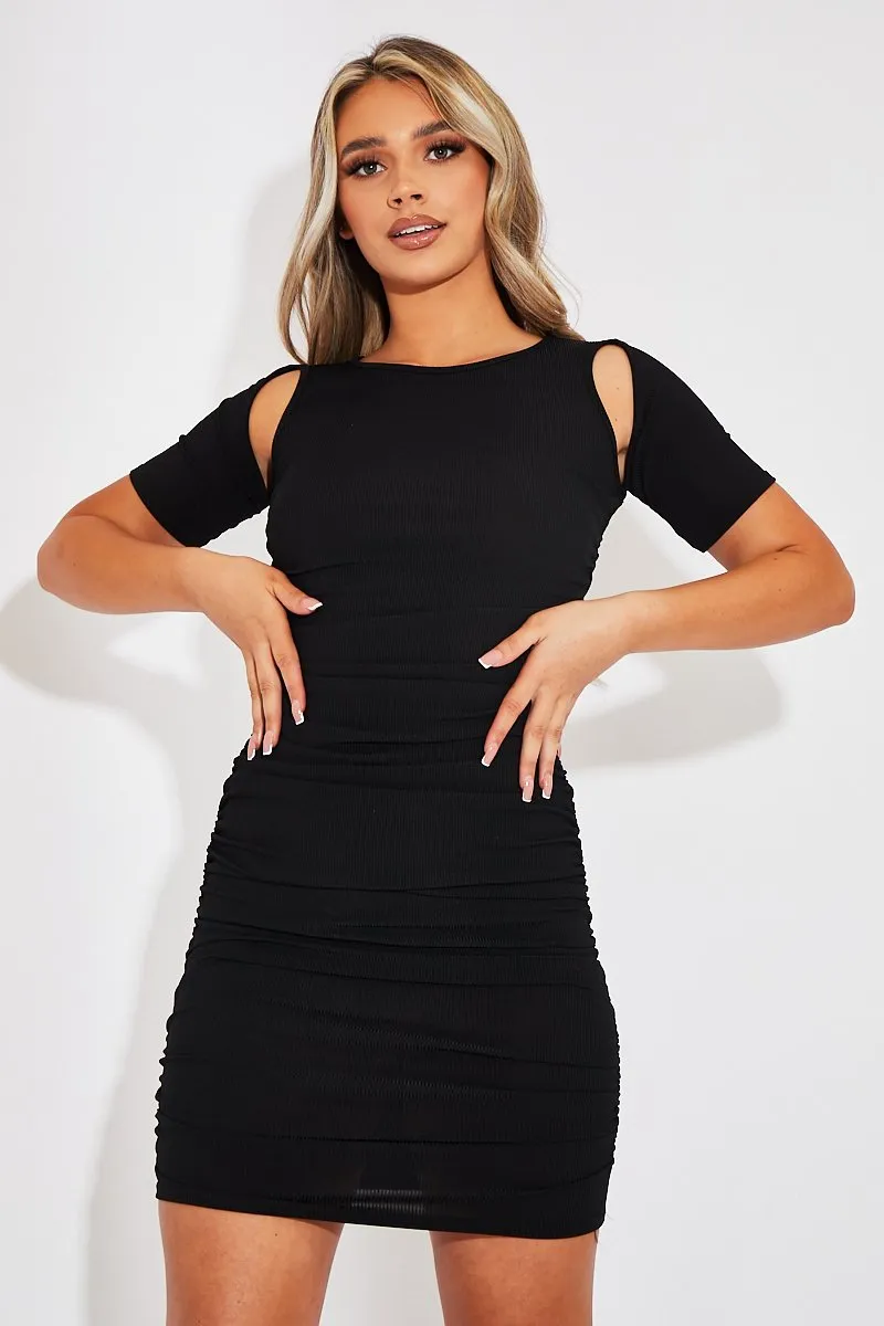 Black Ribbed Ruched Cut Out Mini Dress - Anaise