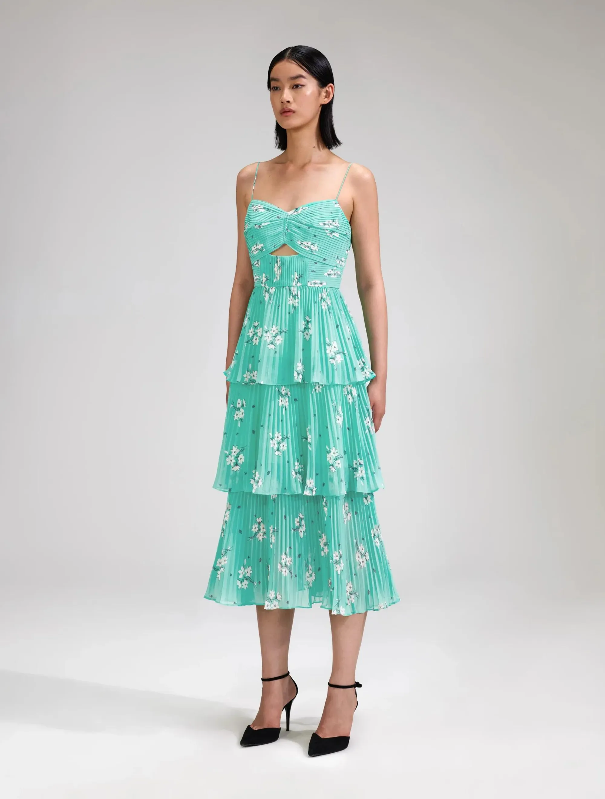 Blue Floral Tiered Chiffon Midi Dress