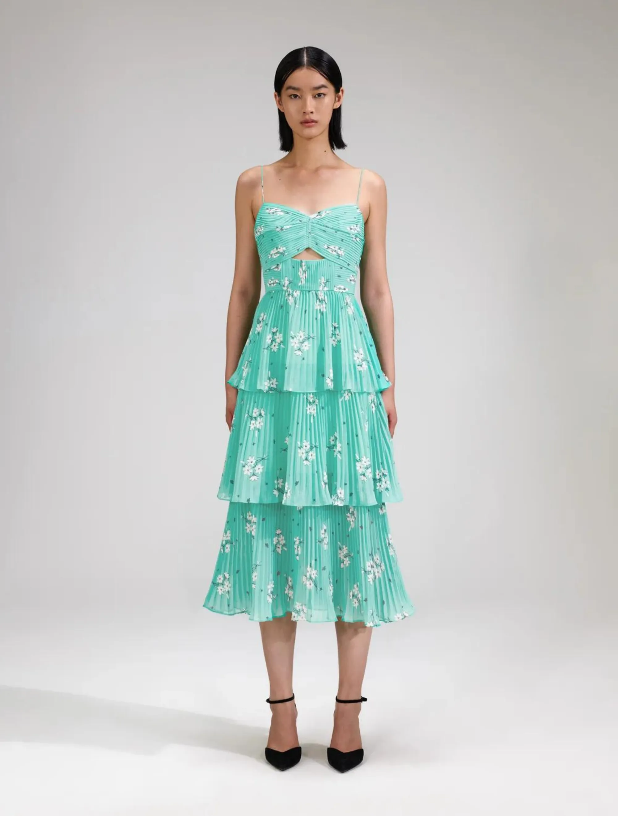 Blue Floral Tiered Chiffon Midi Dress