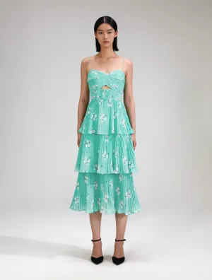 Blue Floral Tiered Chiffon Midi Dress