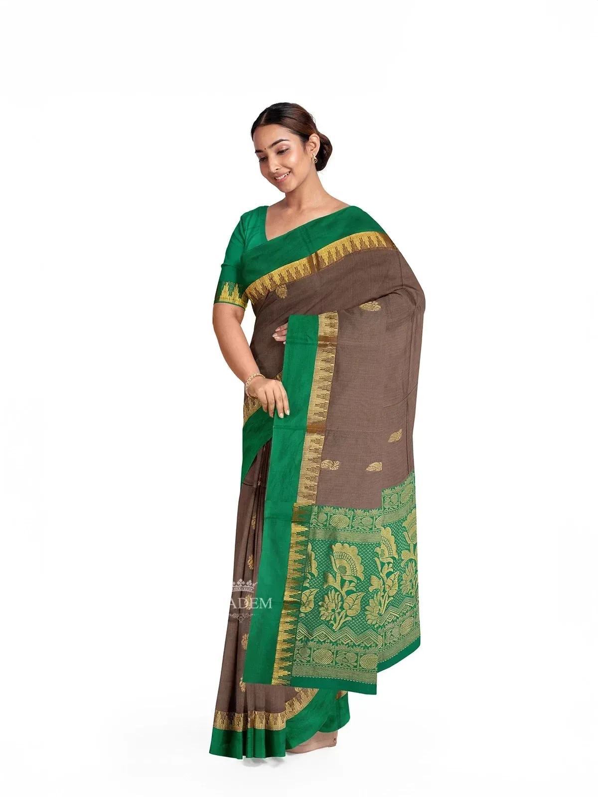 Brown Silk Cotton Saree with Zari Butta on the body and Contrast Temple Zari Border