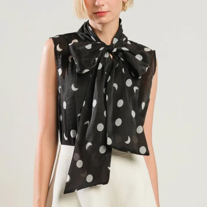 Claire Dotted Sleeveless Bow Tie Top