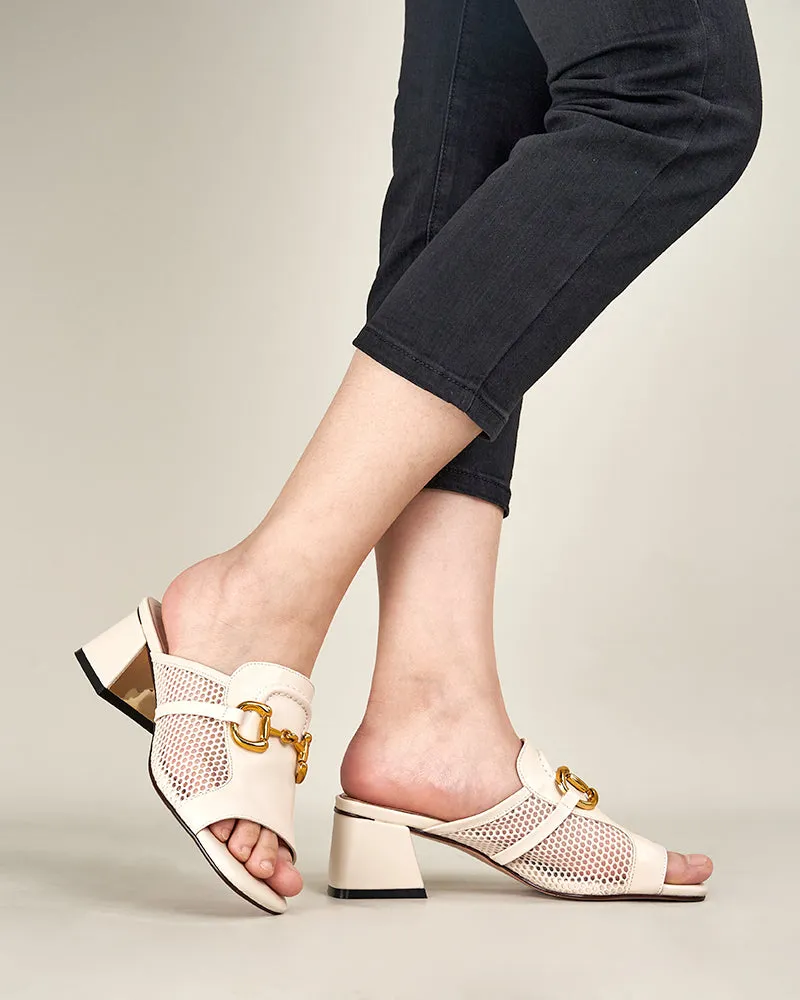 Classic Metal Buckle Square Toe Hollow Out Wedge Sandals