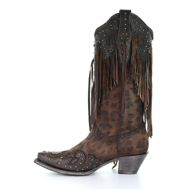 Corral Ladies Patricia Honey Goat Leopard Fringe & Studs Boots A3618