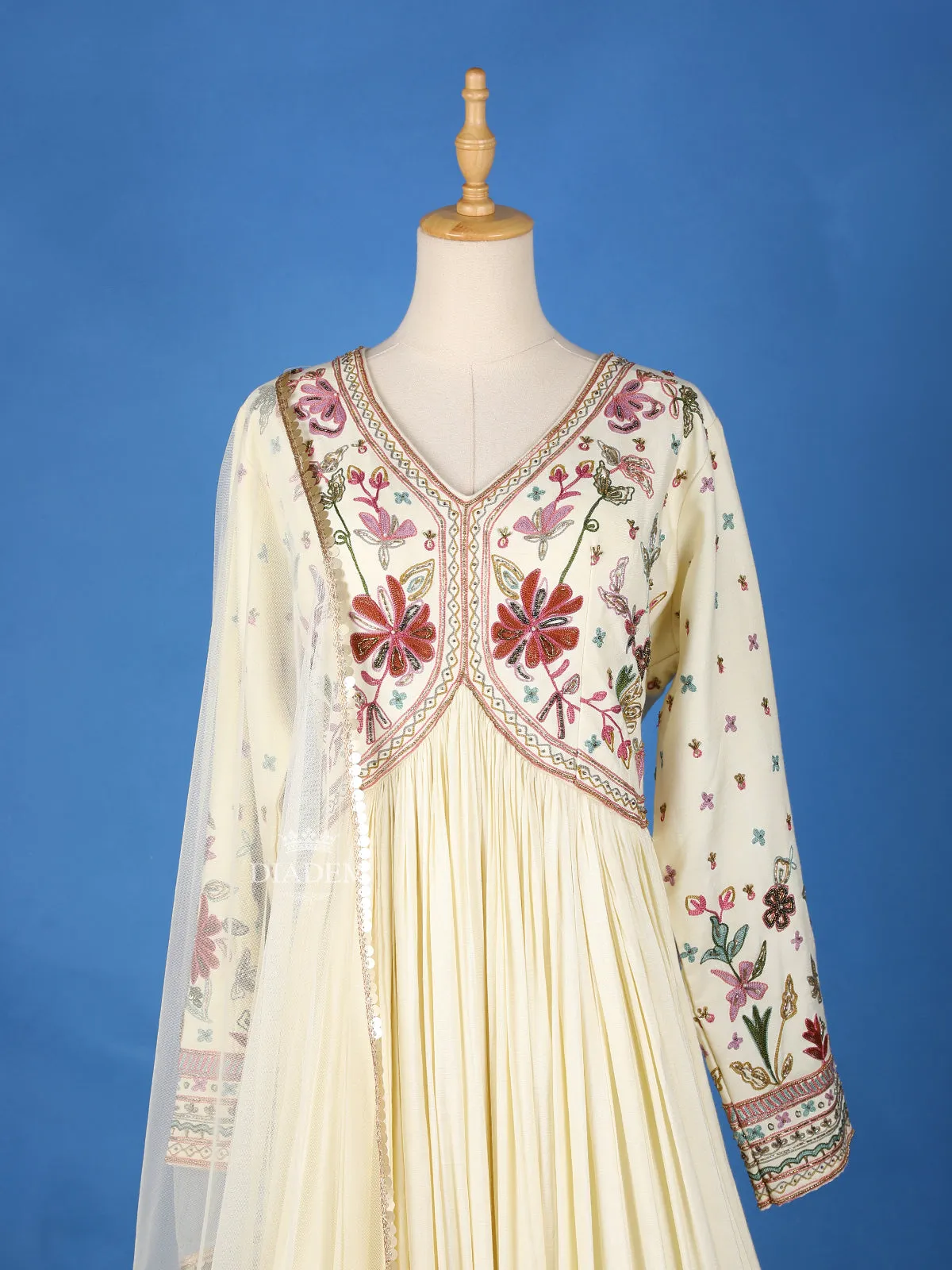 Cream Floral Embroidery Gown and Net Dupatta