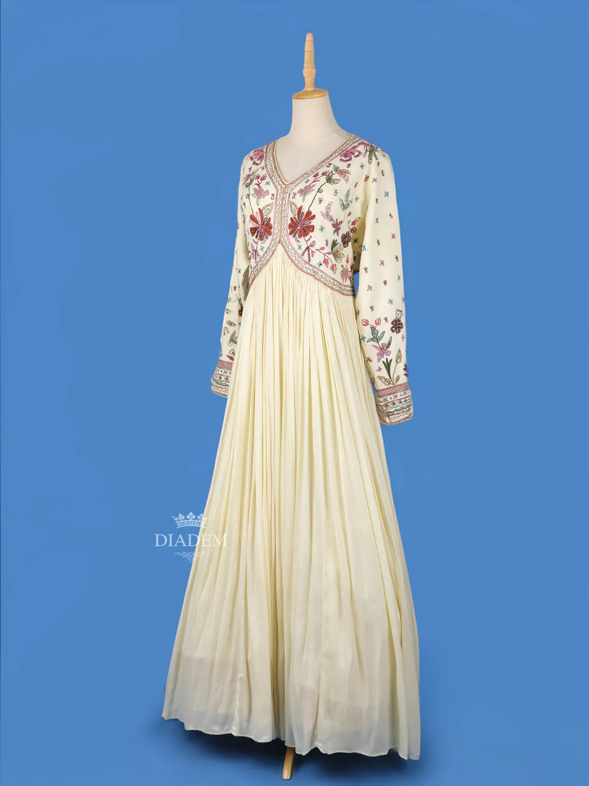 Cream Floral Embroidery Gown and Net Dupatta