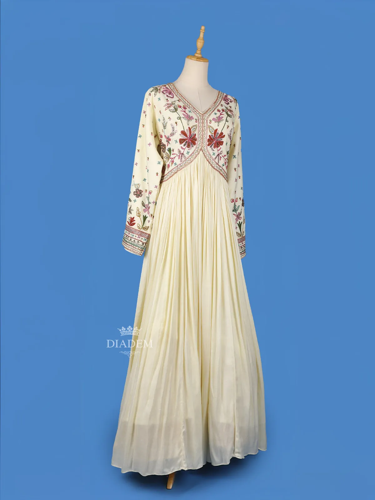 Cream Floral Embroidery Gown and Net Dupatta