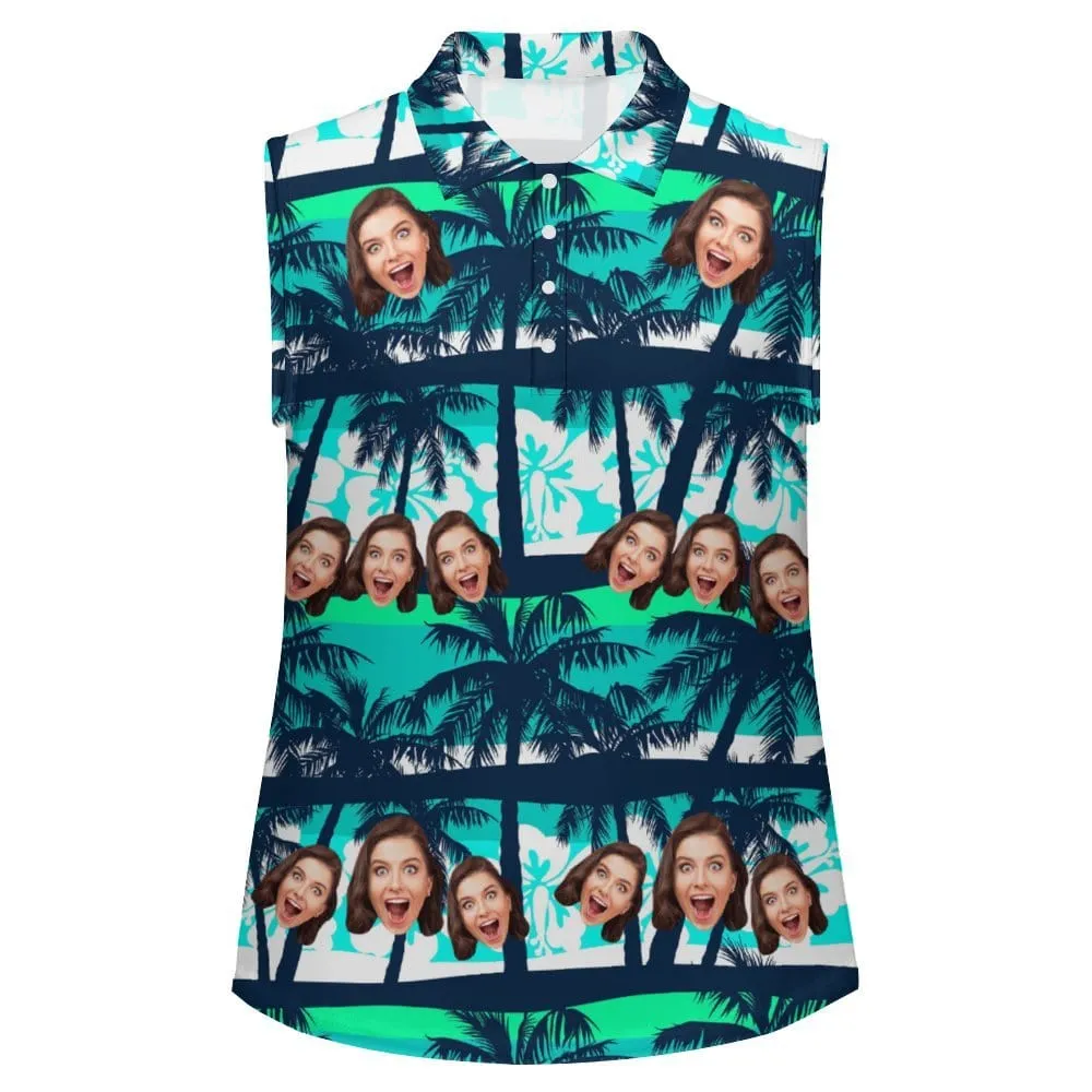 Custom Face Coconut Tree Sleeveless Polo Shirt Button Up Summer Casual Workout Tank Tops