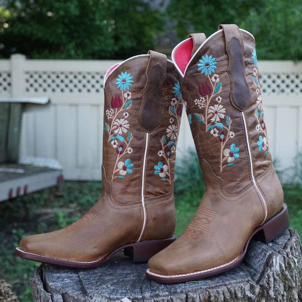 Daisy Women's Embroidery Square Toe Floral Cowgirl Boots (M9001)