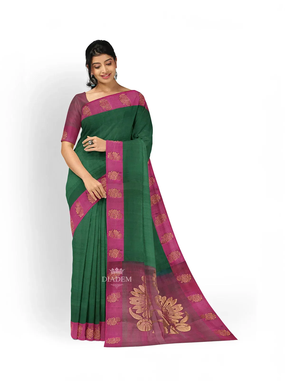 Dark Green Silk Saree with Plain body and Contrast Zari Border