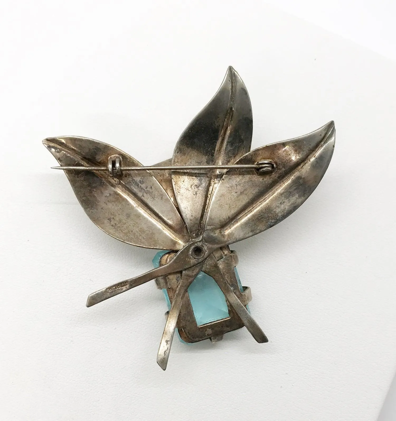 Dramatic Vintage Sterling Floral Brooch with Large Aqua Stone