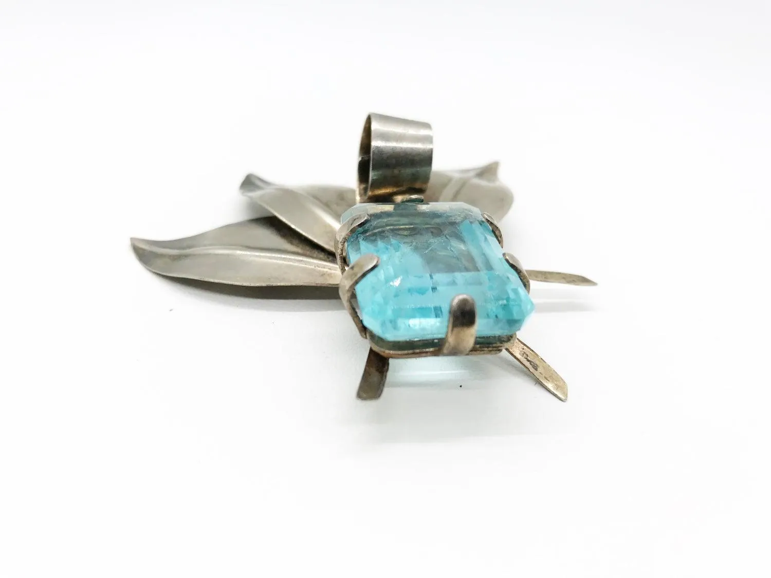 Dramatic Vintage Sterling Floral Brooch with Large Aqua Stone