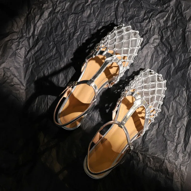 Genuine Leather Hollow Out T-Shape Strap Sandals