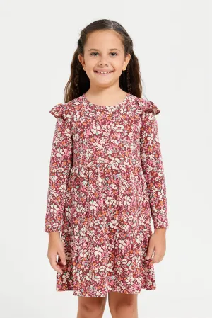 Girls Burgundy Printed Dress