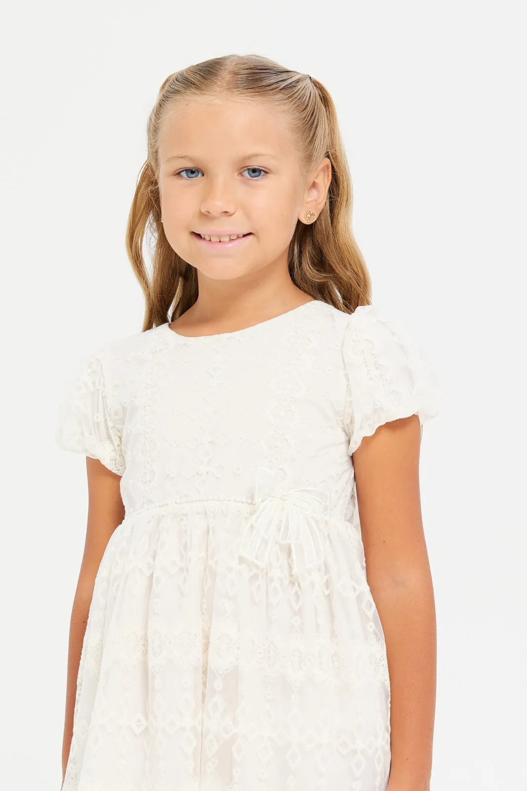 Girls Cream Embroidered Dress