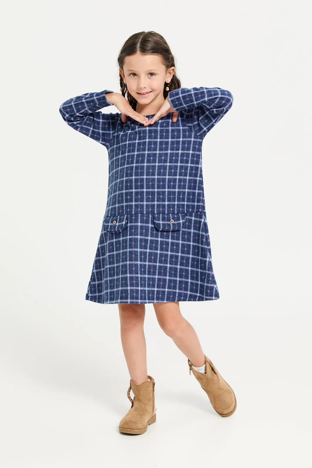 Girls Navy Checkered Dress