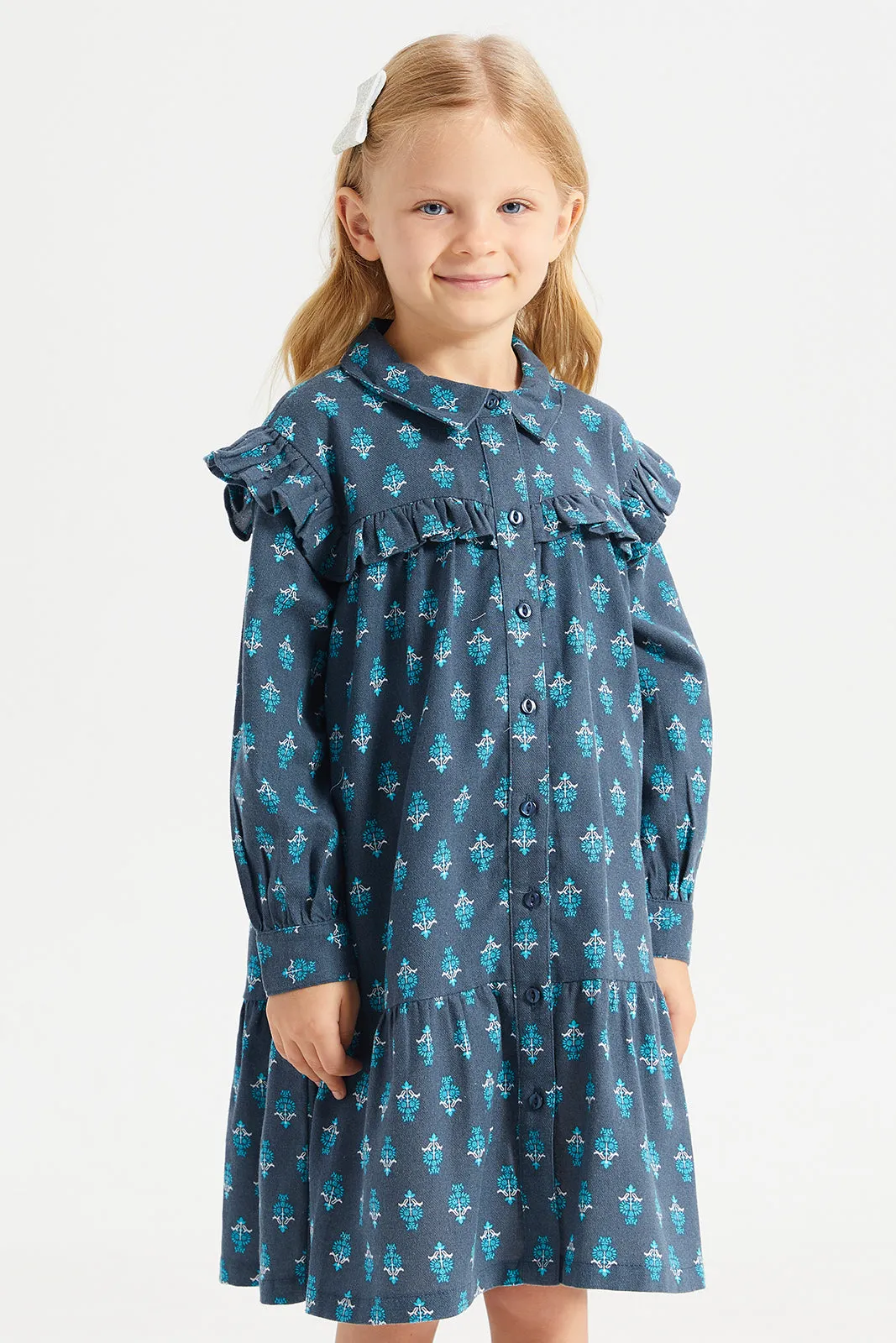 Girls Navy Printed Dress