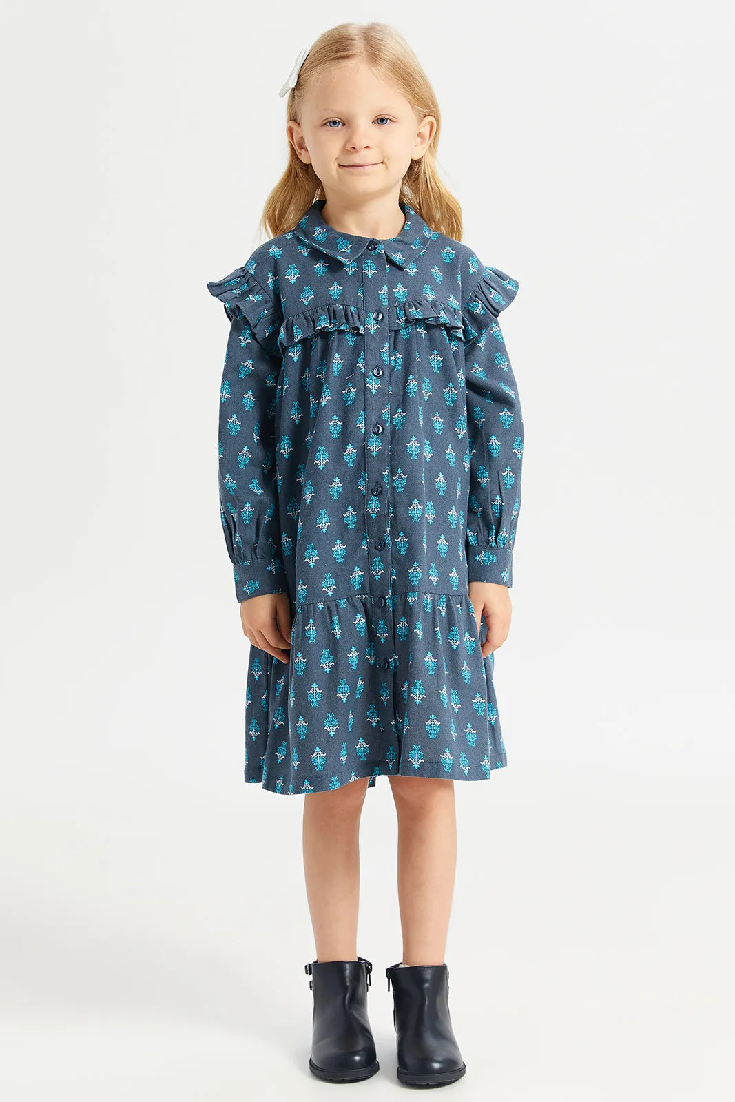 Girls Navy Printed Dress