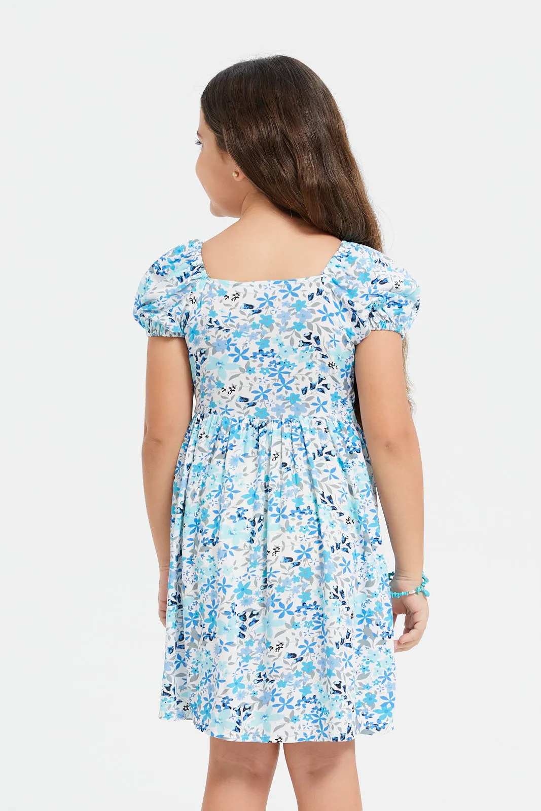 Girls White And Blue Printed Dress