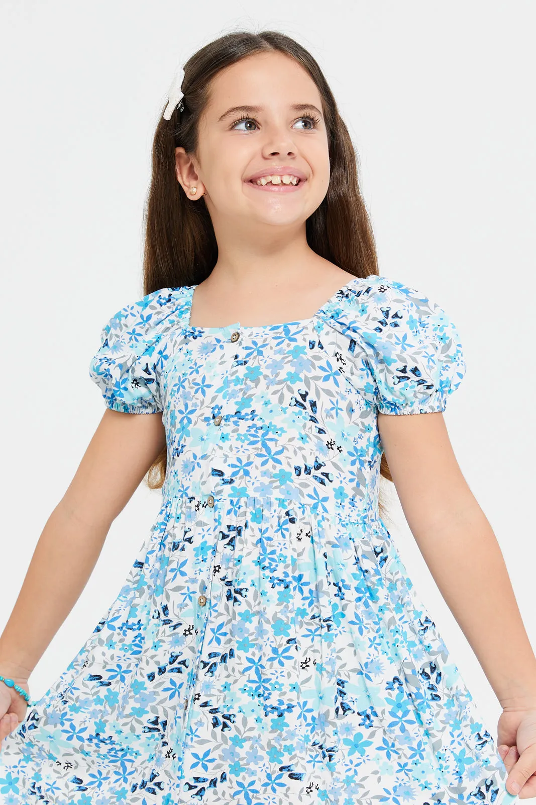 Girls White And Blue Printed Dress