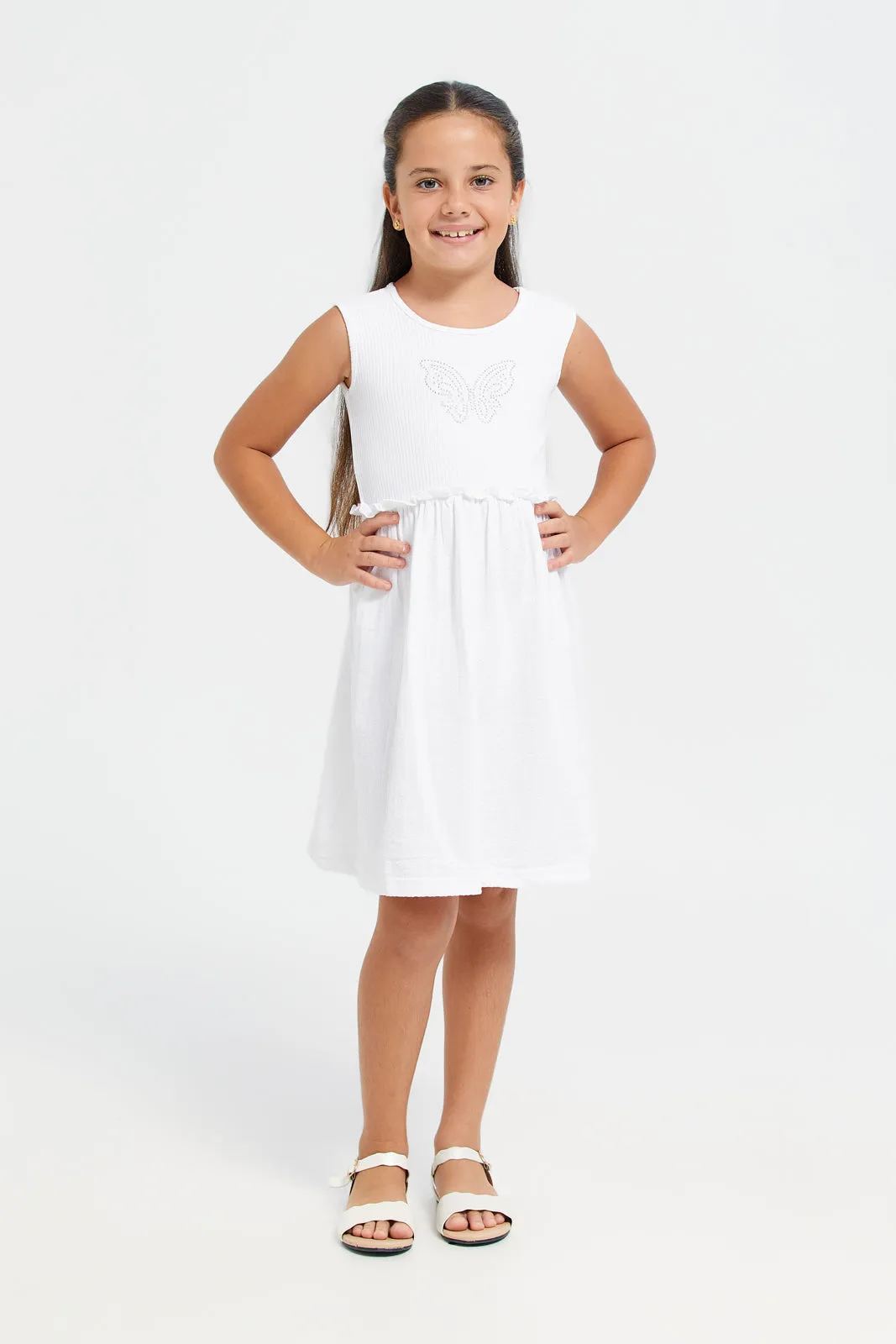 Girls White Embellished With Rhinestone Dress