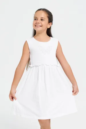 Girls White Embellished With Rhinestone Dress