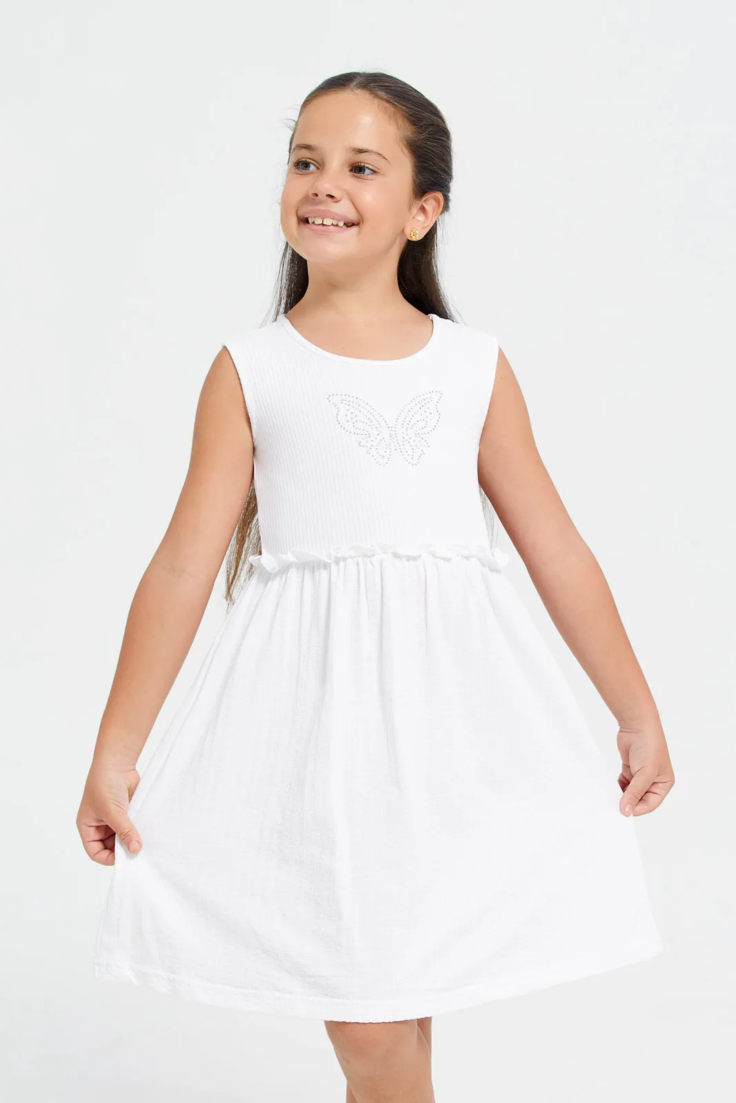 Girls White Embellished With Rhinestone Dress