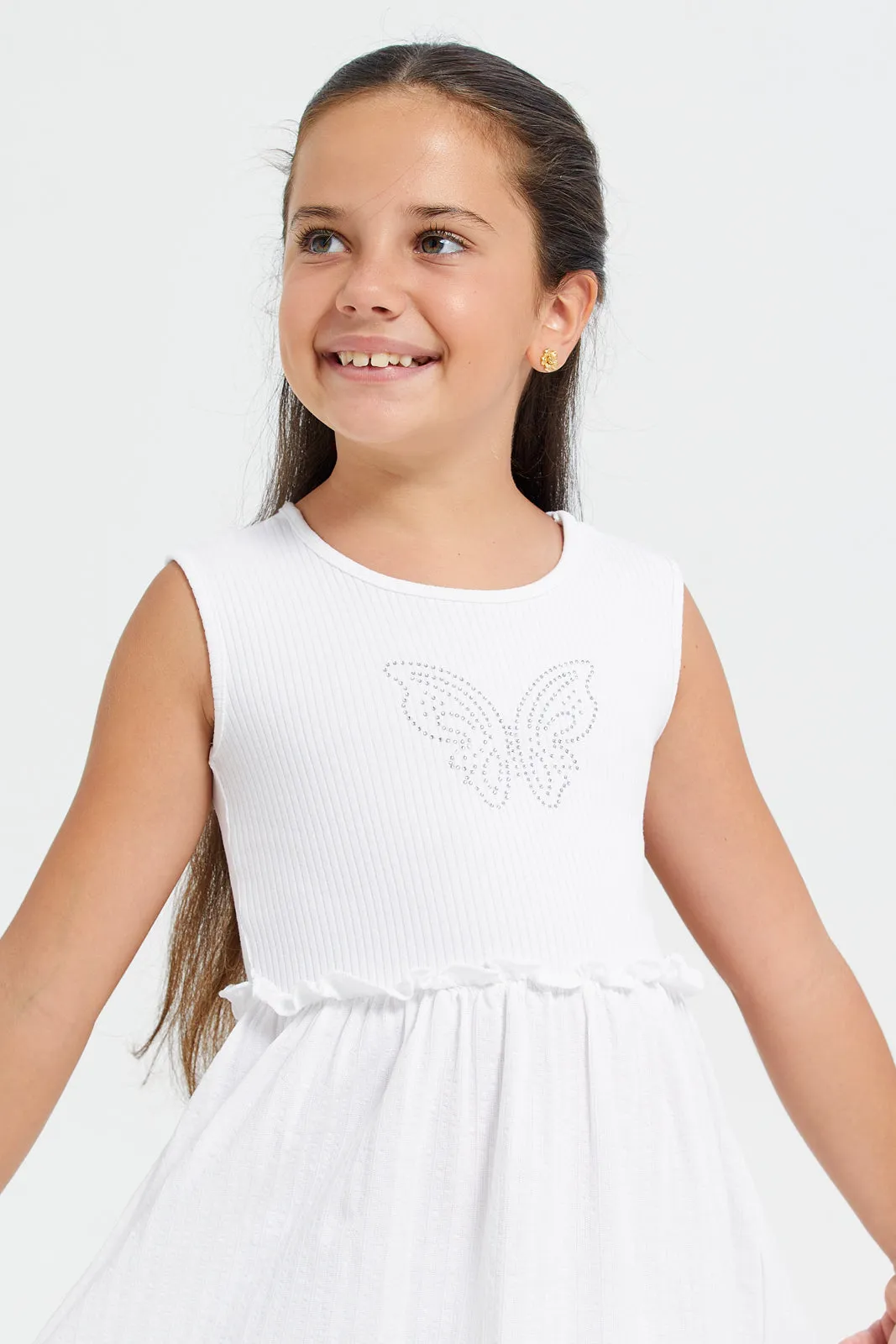 Girls White Embellished With Rhinestone Dress