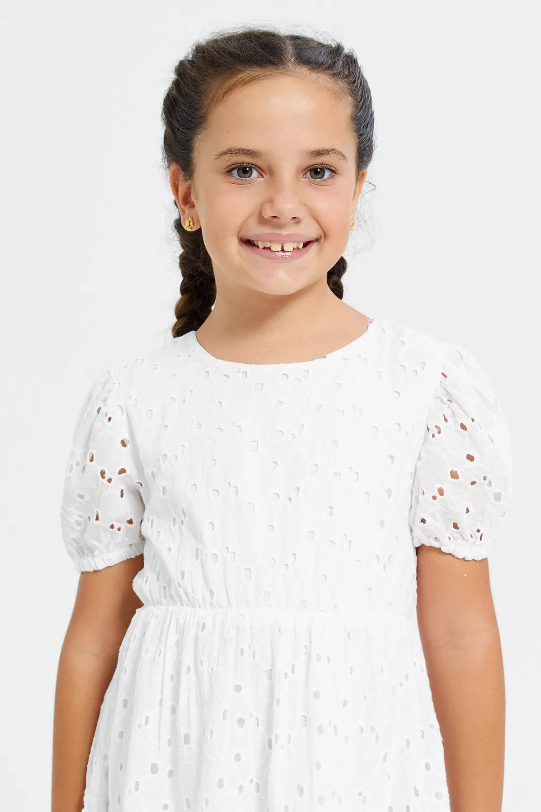 Girls White Embossed Dress