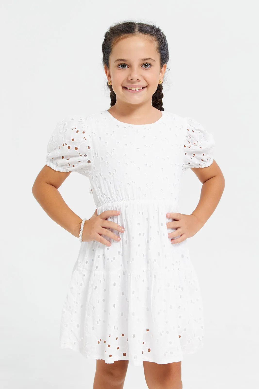 Girls White Embossed Dress