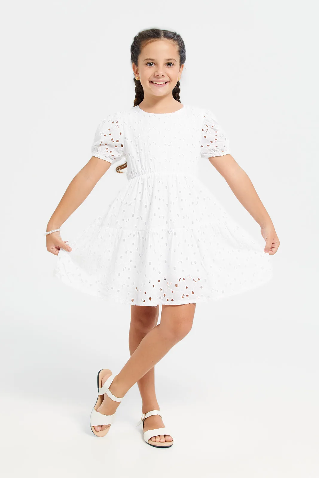 Girls White Embossed Dress