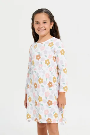 Girls White Flower Print Dress