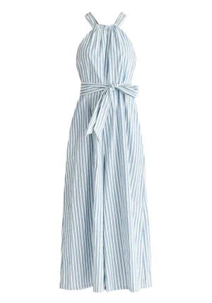 Light Blue and White Striped Halterneck Cotton Jumpsuit