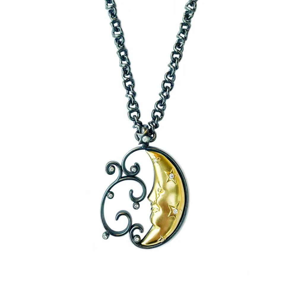 Moon Yellow Gold, Oxidized Sterling Silver, Diamond  Pendant