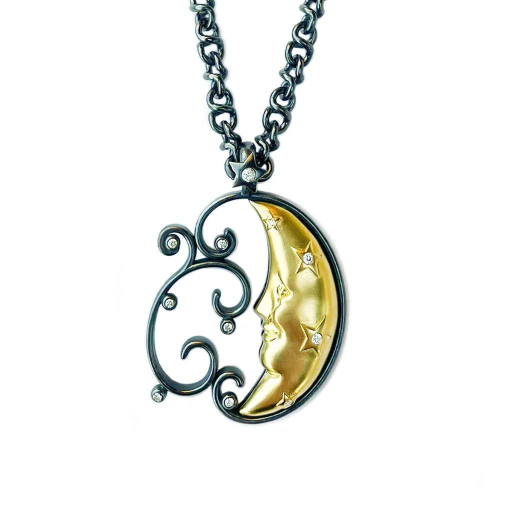 Moon Yellow Gold, Oxidized Sterling Silver, Diamond  Pendant