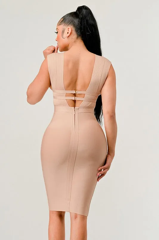 Nude Deep Plunge Bandage Dress