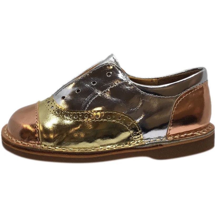 Papanatas by Eli Girl's Silver and Gold Metallic Slip On Oxford Loafer Shoes