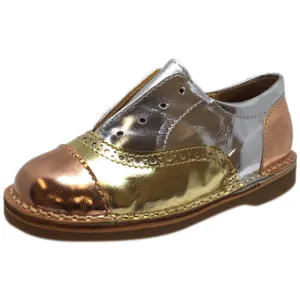 Papanatas by Eli Girl's Silver and Gold Metallic Slip On Oxford Loafer Shoes