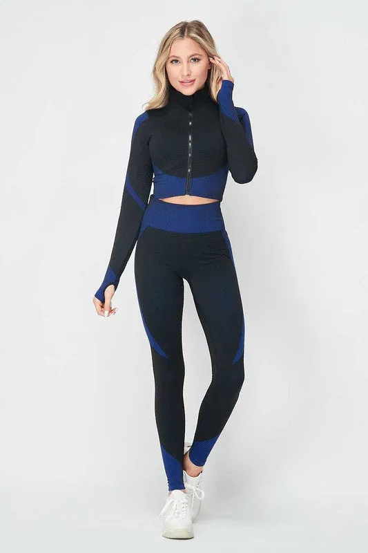 Royal Blue Honey Comb Active Cropped Jacket Leggings Set