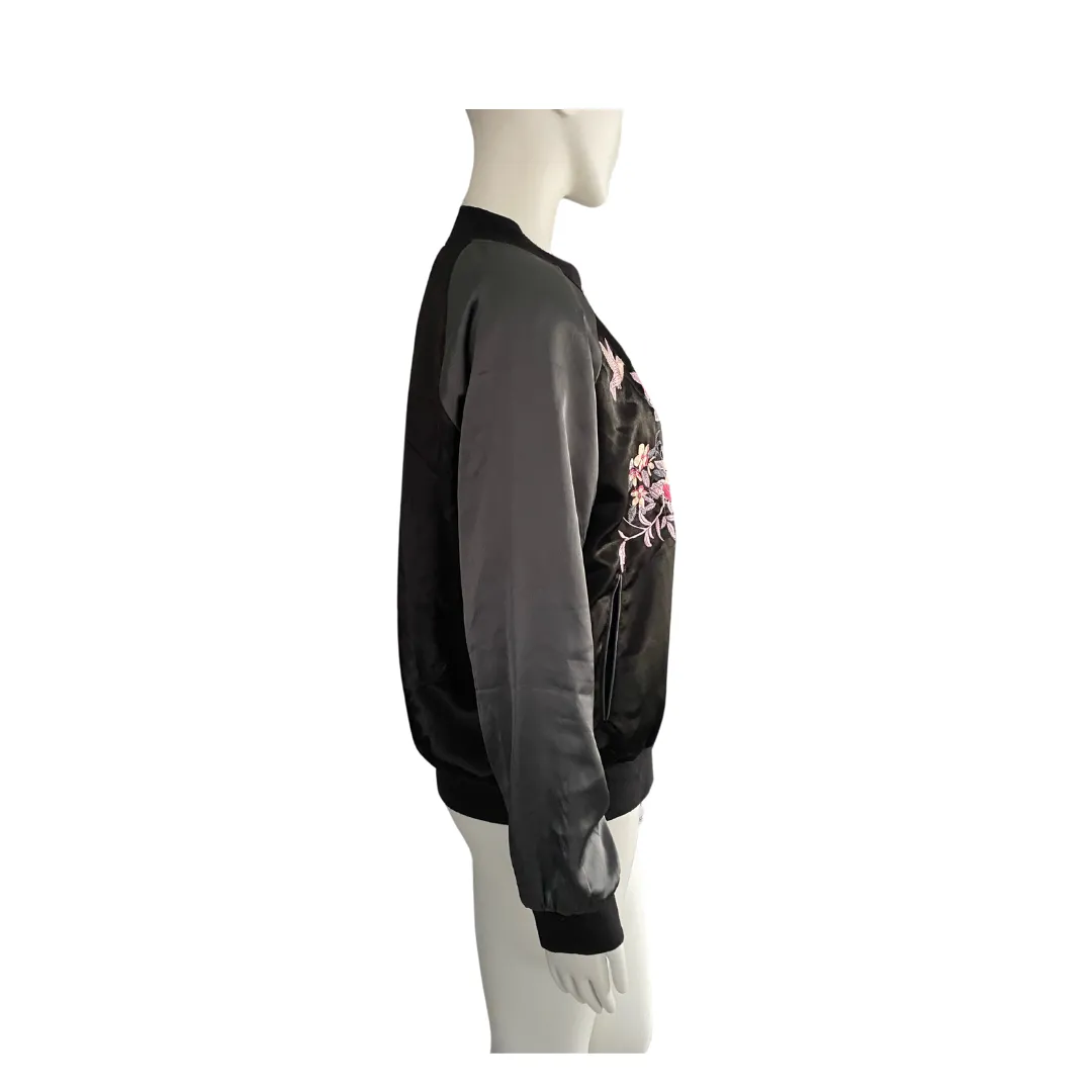 Satin Embroidered Bomber Jacket Black Grey SIZE L