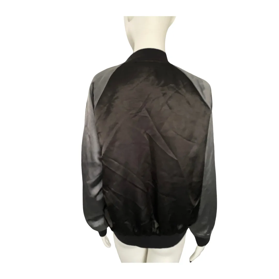 Satin Embroidered Bomber Jacket Black Grey SIZE L