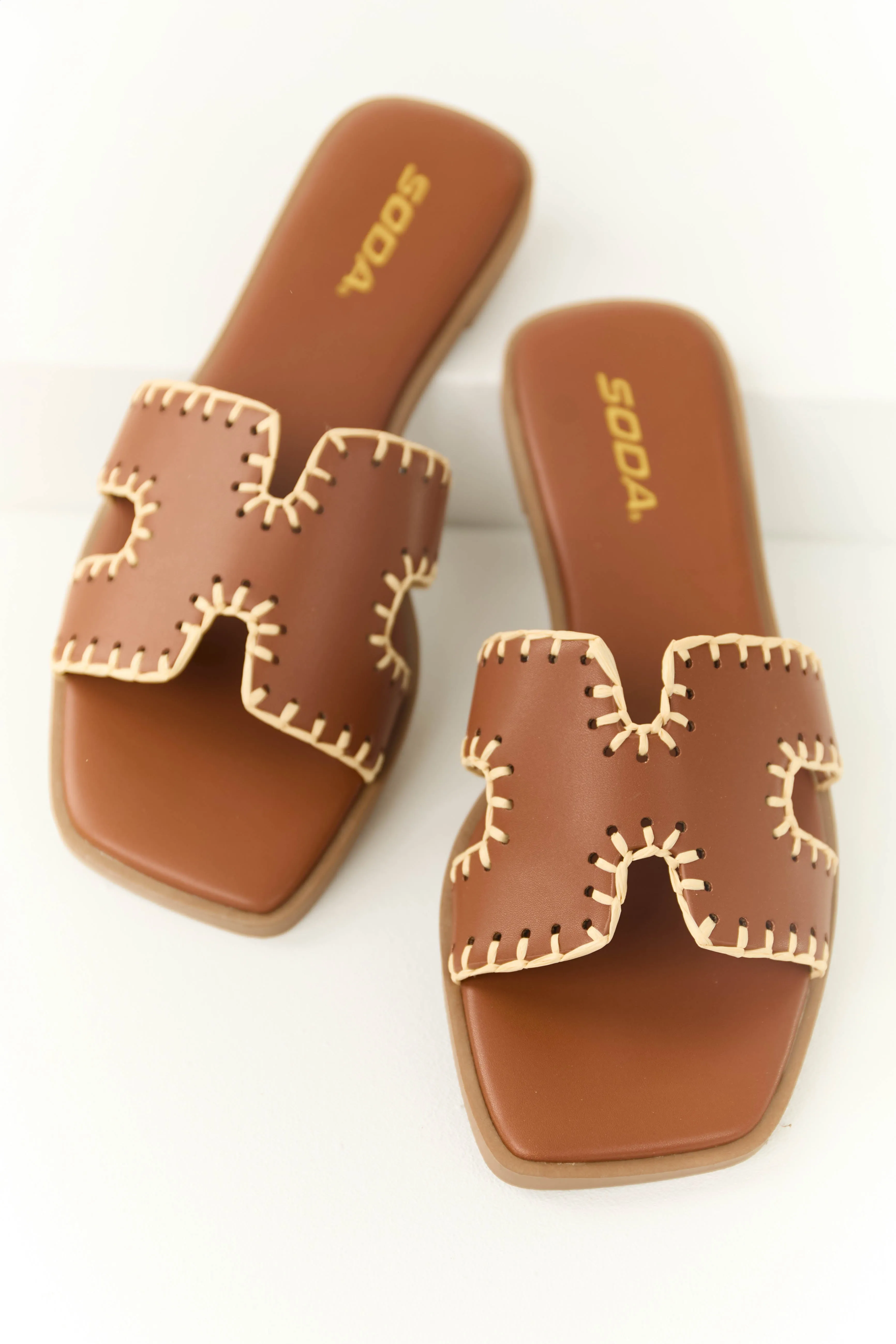 Sepia Straw Trim Cut Out Strap Slide Sandals